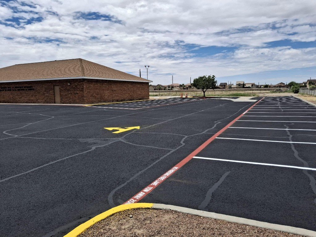 Commercial lot with fire lane and directional arrows